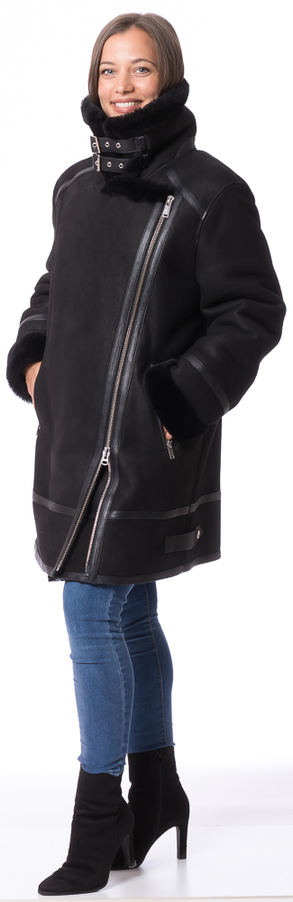 Aspen schwarz Lammfelljacke mit Reißverschluss für Damen von TRENDZONE