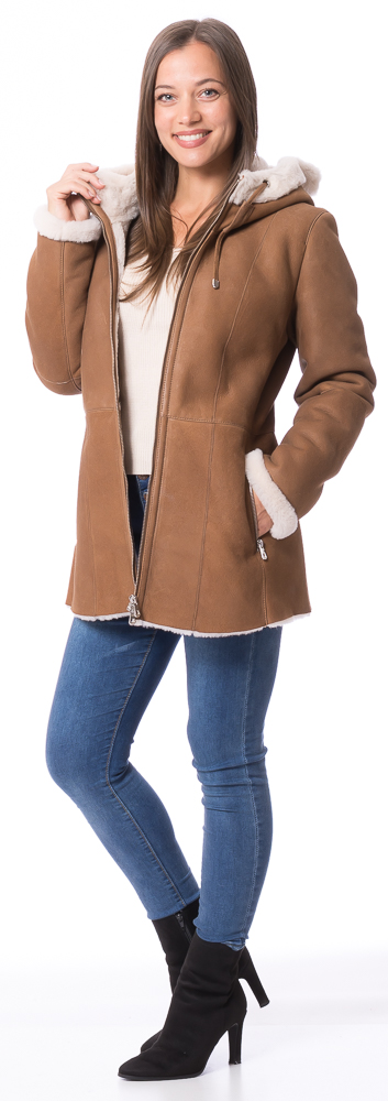 Montreux cognac mit Naturwolle Kapuzenjacke aus Lammfell von TRENDZONE