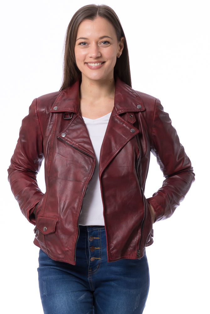 Olga burgundy Nappaleder Biker Jacke für Damen