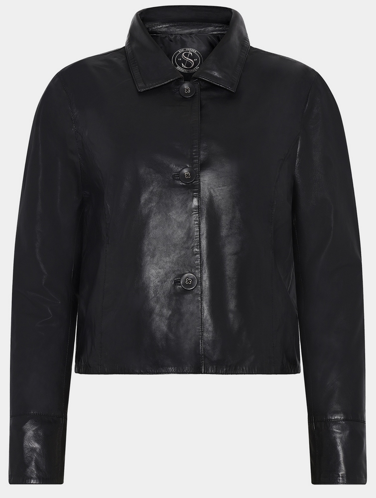 Thea schwarze kurze Lederjacke mit Knöpfen für Damen von SAKI