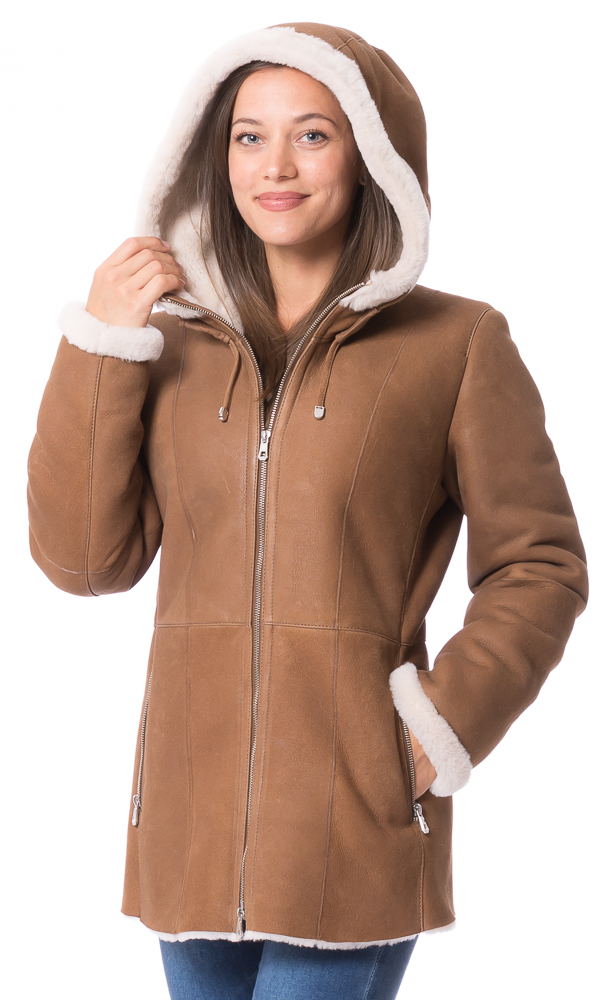 Montreux cognac mit Naturwolle Kapuzenjacke aus Lammfell von TRENDZONE