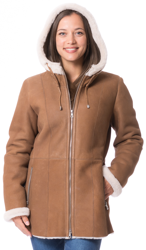 Montreux cognac mit Naturwolle Kapuzenjacke aus Lammfell von TRENDZONE