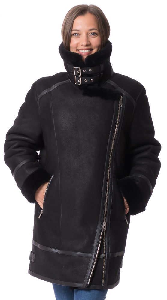 Aspen schwarz Lammfelljacke mit Reißverschluss für Damen von TRENDZONE