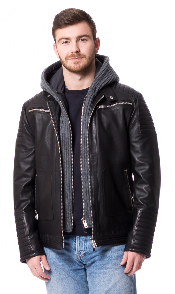 SR-1020 schwarze Herren Kapuzen-Lederjacke von TRENDZONE