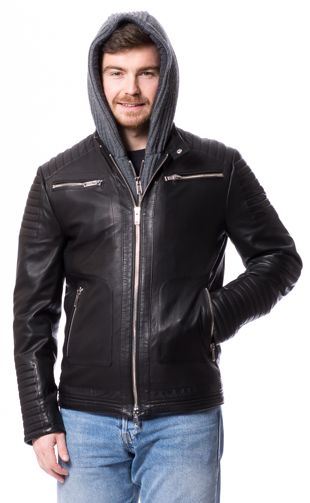 SR-1020 schwarze Herren Kapuzen-Lederjacke von TRENDZONE