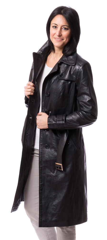 Whitney schwarzer Leder-Trenchcoat von TRENDZONE