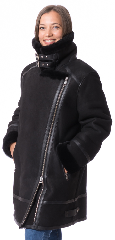 Aspen schwarz Lammfelljacke mit Reißverschluss für Damen von TRENDZONE