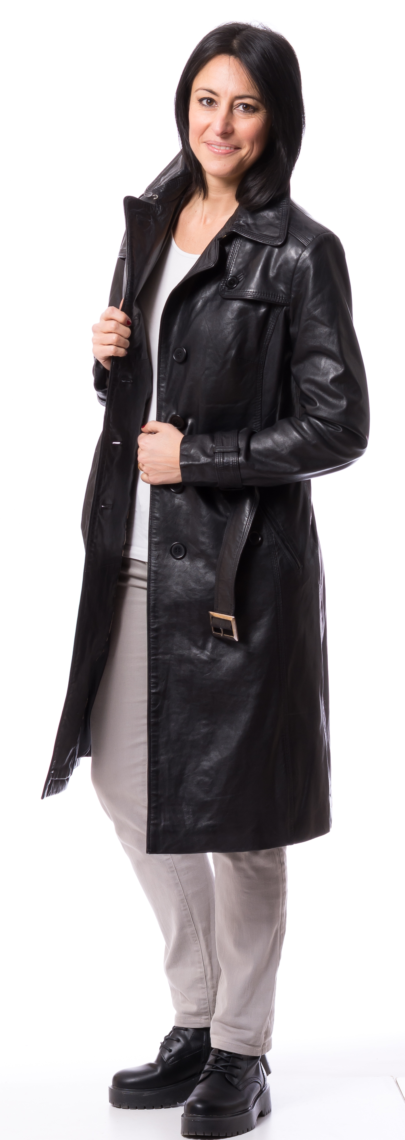 Whitney schwarzer Leder-Trenchcoat von TRENDZONE