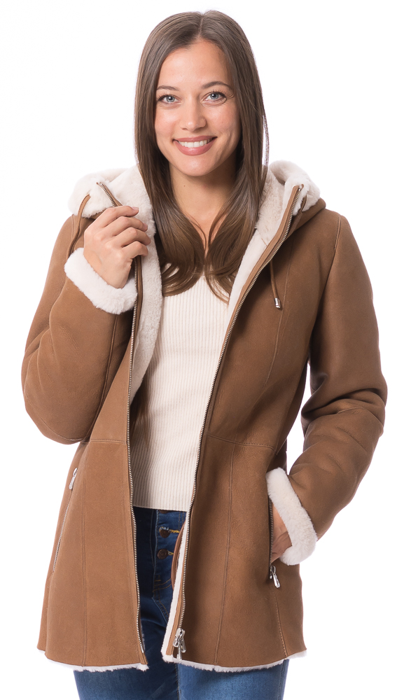 Montreux cognac mit Naturwolle Kapuzenjacke aus Lammfell von TRENDZONE
