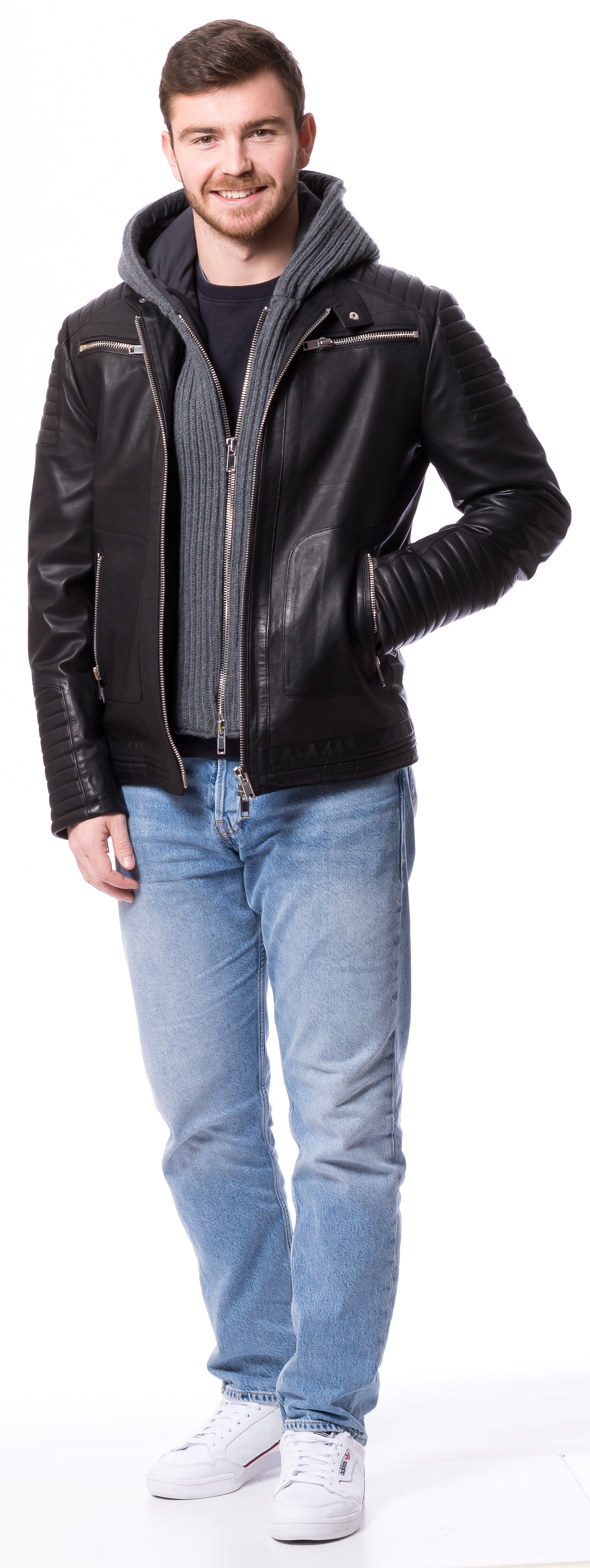 SR-1020 schwarze Herren Kapuzen-Lederjacke von TRENDZONE