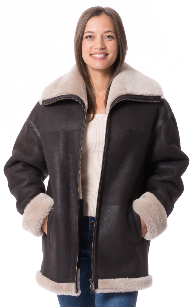 Sandy braun Lammfell Jacke mit Reißverschluss von TRENDZONE