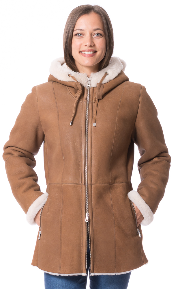 Montreux cognac mit Naturwolle Kapuzenjacke aus Lammfell von TRENDZONE