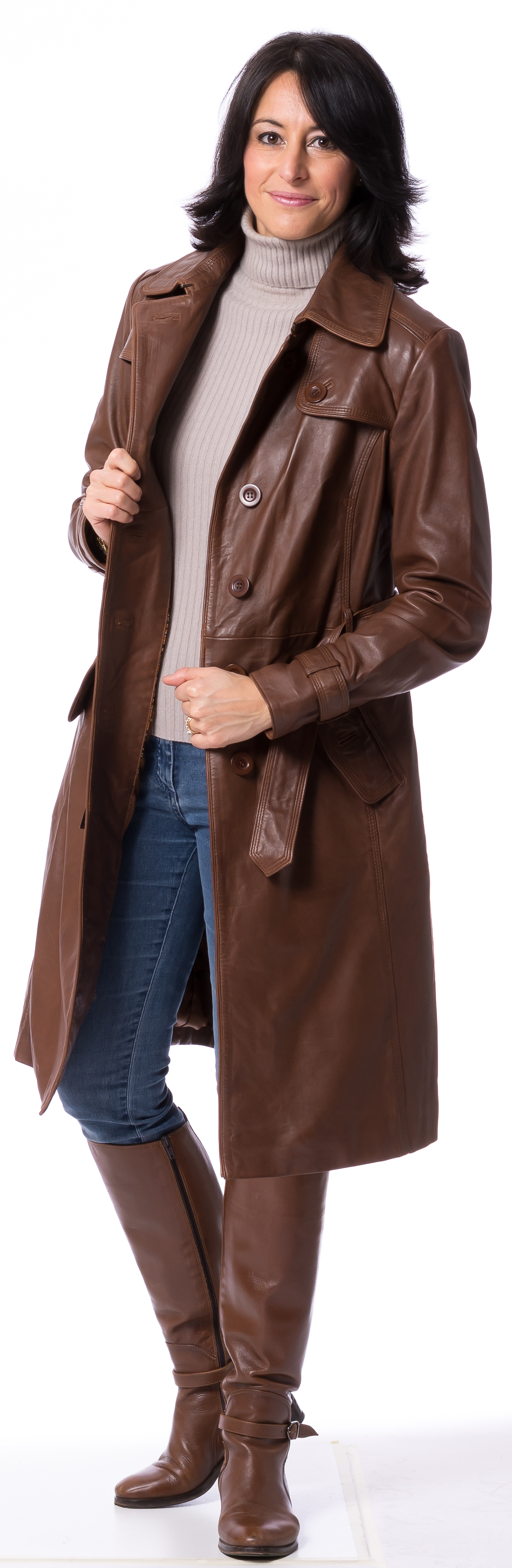 Whitney cognac Leder-Trenchcoat von TRENDZONE