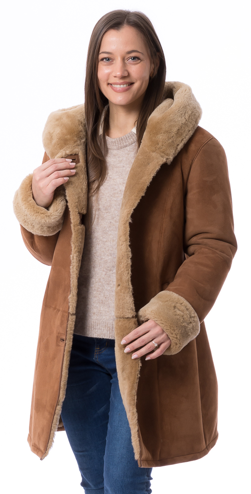 Annecy cognac Lammfell Jacke mit Kapuze für Damen