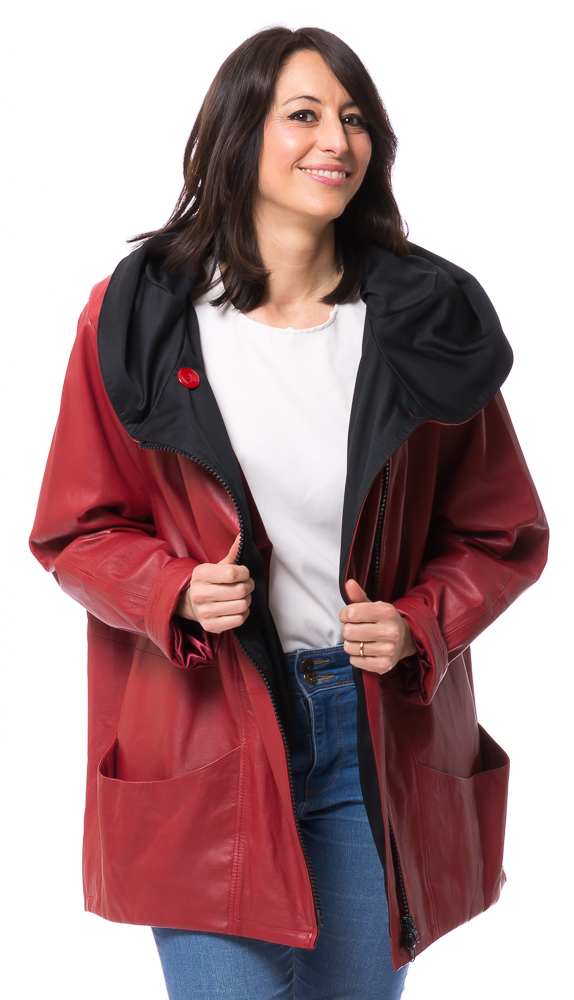 SR-1085 rote Lederjacke lang von TRENDZONE