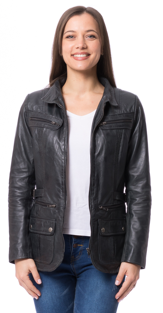 Rena grau Lederjacke mit Reißverschluss für Frauen von TRENDZONE