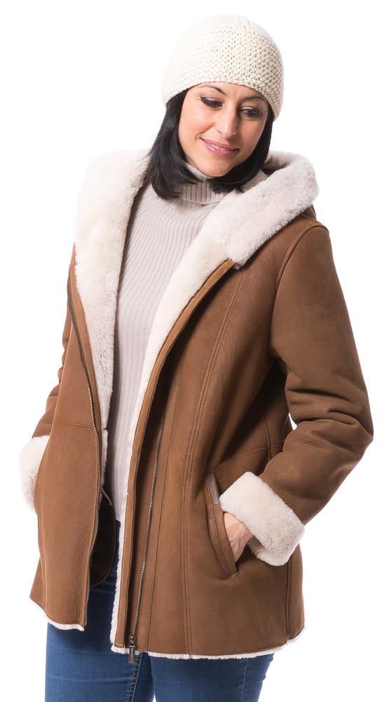 Bristol cognac Lammfelljacke mit Kapuze von TRENDZONE