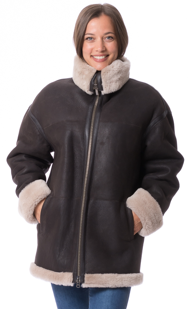 Sandy braun Lammfell Jacke mit Reißverschluss von TRENDZONE