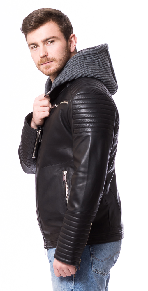 SR-1020 schwarze Herren Kapuzen-Lederjacke von TRENDZONE