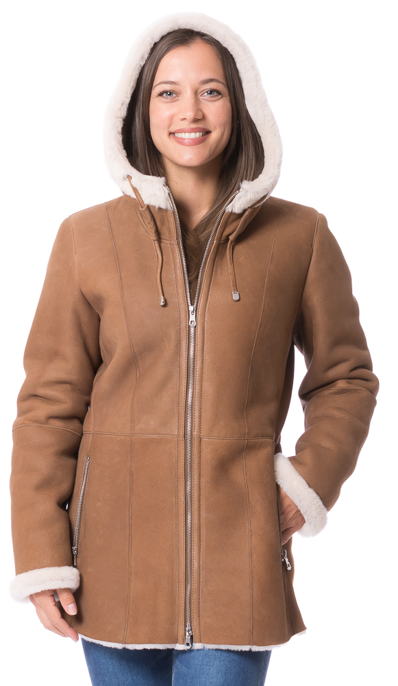 Montreux cognac mit Naturwolle Kapuzenjacke aus Lammfell von TRENDZONE