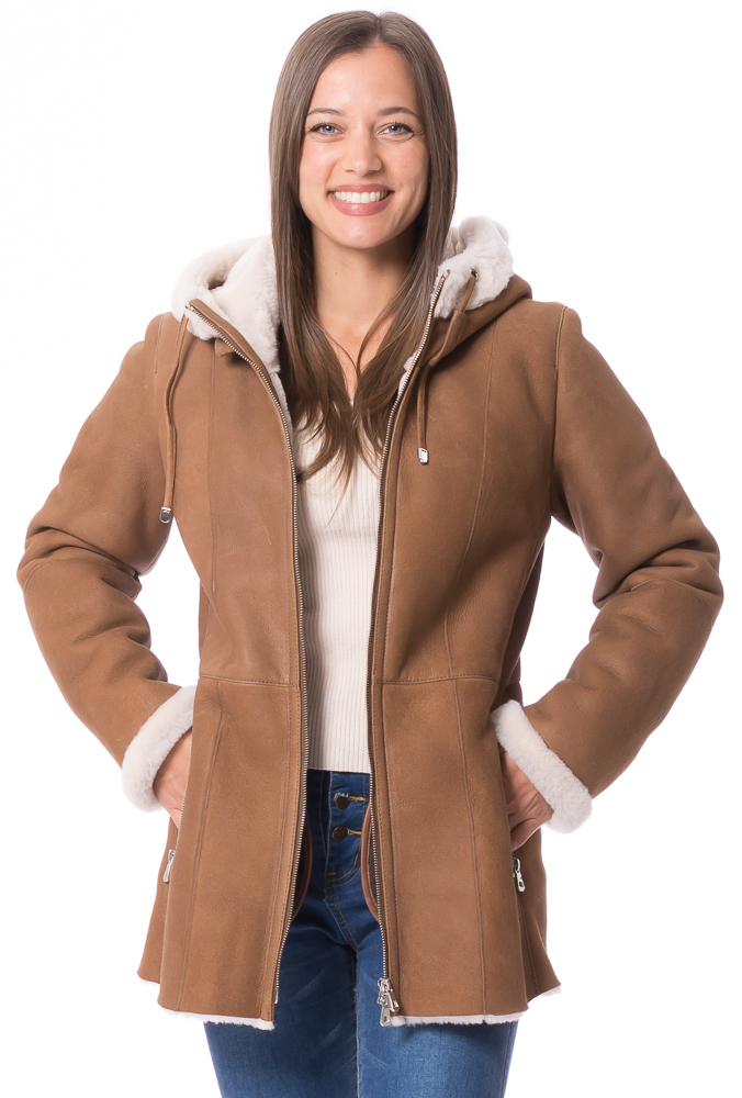 Montreux cognac mit Naturwolle Kapuzenjacke aus Lammfell von TRENDZONE