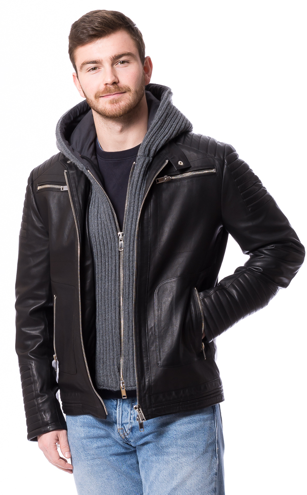 SR-1020 schwarze Herren Kapuzen-Lederjacke von TRENDZONE