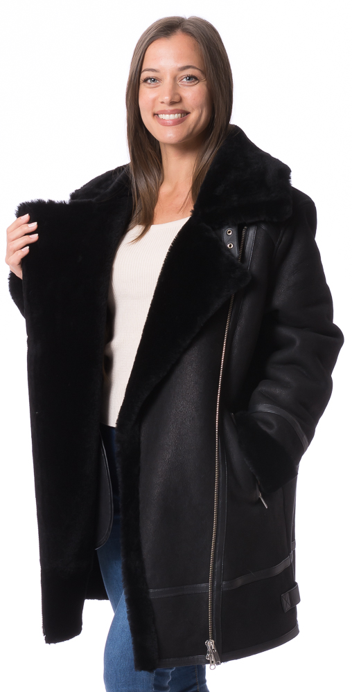 Aspen schwarz Lammfelljacke mit Reißverschluss für Damen von TRENDZONE