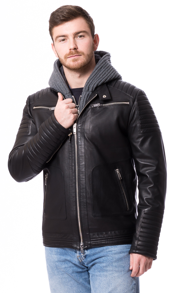 SR-1020 schwarze Herren Kapuzen-Lederjacke von TRENDZONE
