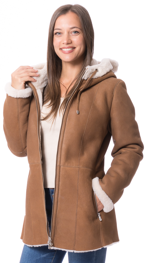 Montreux cognac mit Naturwolle Kapuzenjacke aus Lammfell von TRENDZONE