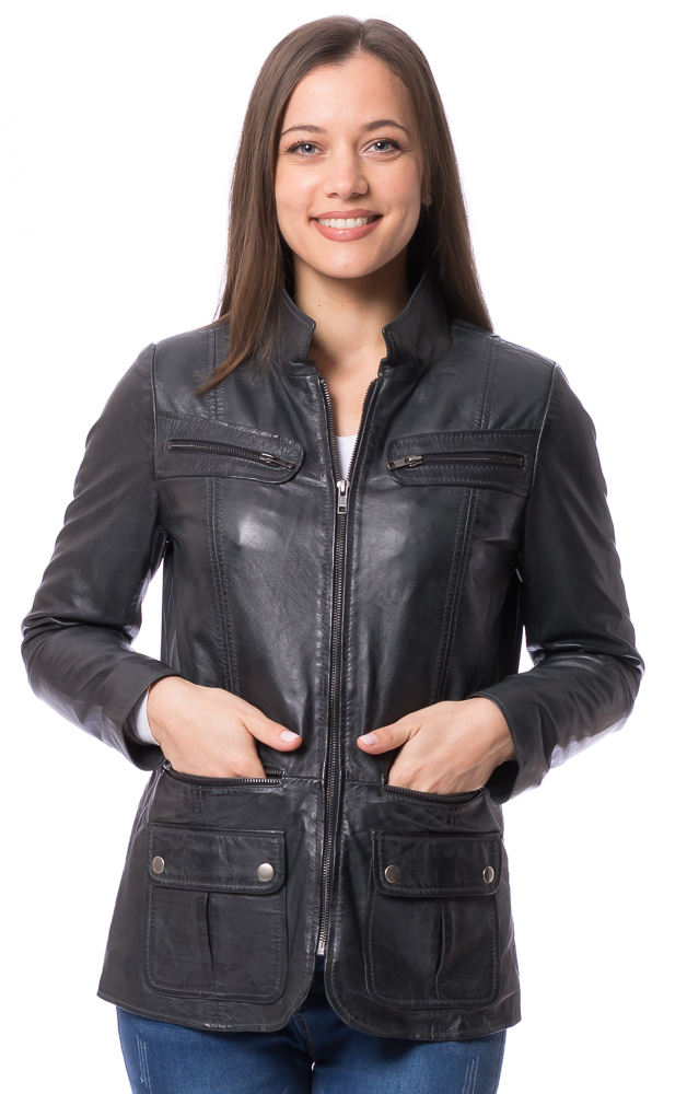 Rena grau Lederjacke mit Reißverschluss für Frauen von TRENDZONE